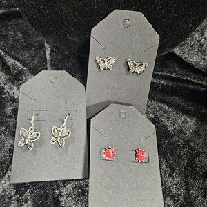 3 pair earrings - dangling butterfly, butterfly, ladybug